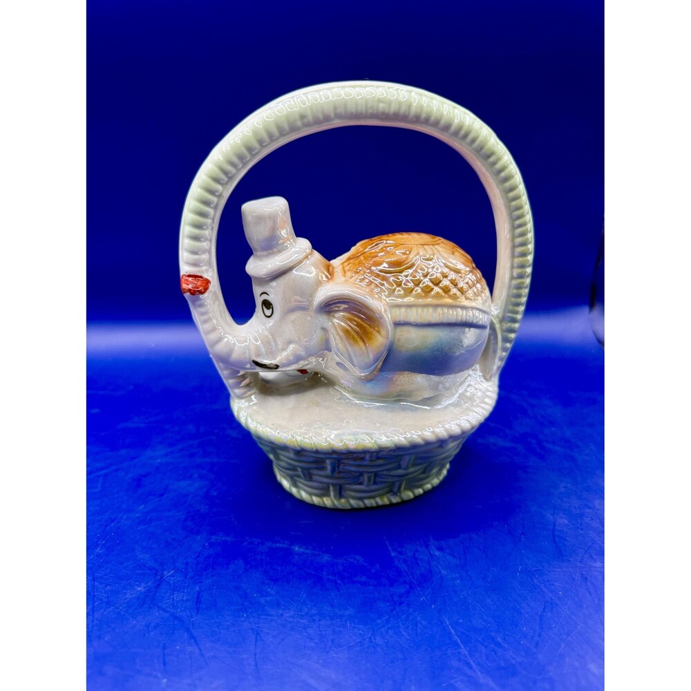 Vintage Lusterware Elephant in Basket Figurine Made in Brazil 1906 - Iridescent